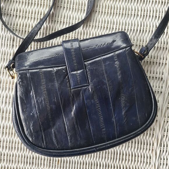 Vintage Retro 80s Genuine Eel Skin Navy Leather Handbag Shoulder Bag Purse - Picture 6 of 10